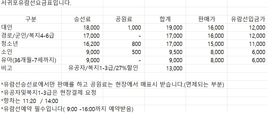 서귀포 유람선 요금표